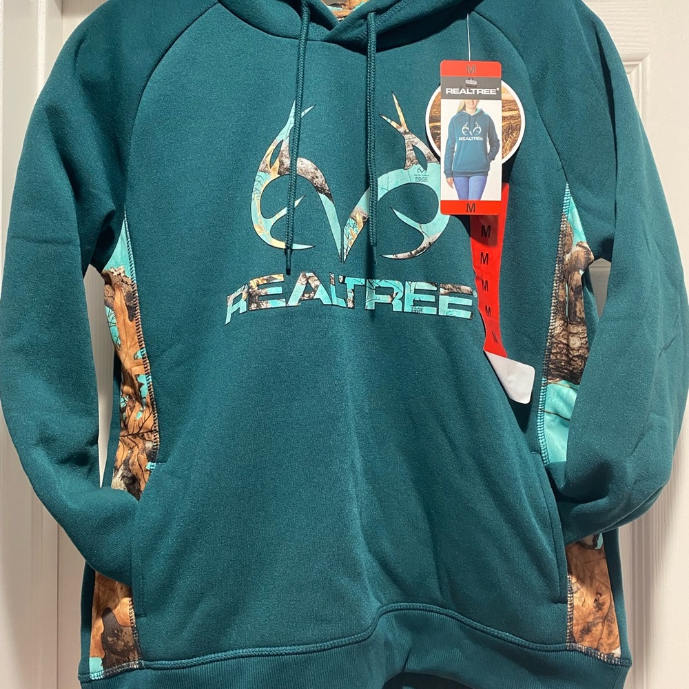 Real tree Pullover Hoodie NWT -Aqua/Dark Green